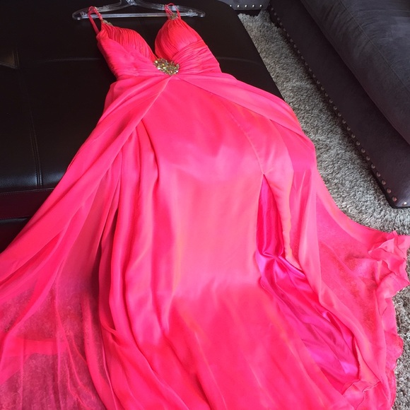 Neon coral pink gown rhinestone detail - Picture 5 of 6